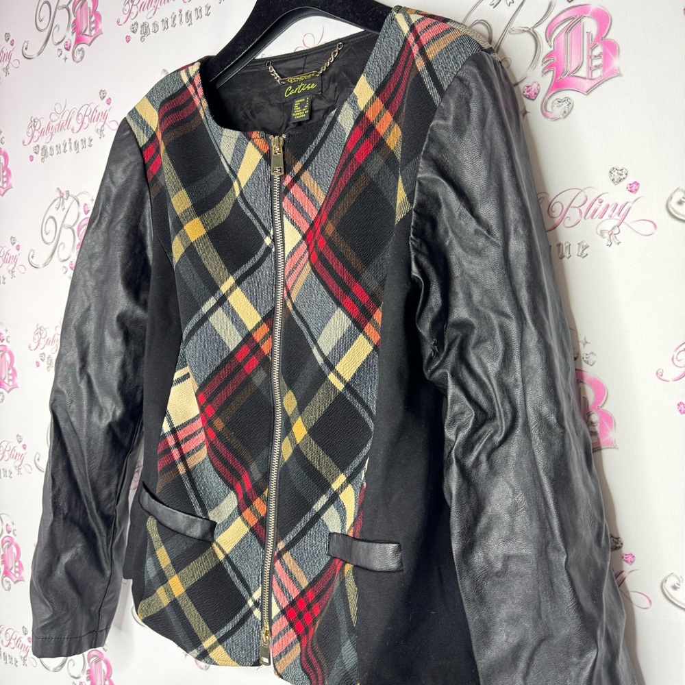 Cartise jacket coat zip up plaid black faux leather sleeves zipper gold hardware - Picture 3 of 9